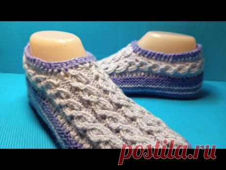 #932 ⚡ КРАСИВЫЕ ТАПОЧКИ СПИЦАМИ С БЕСШОВНОЙ ПОДОШВОЙ /  СЛЕДКИ С КОСОЙ ✅