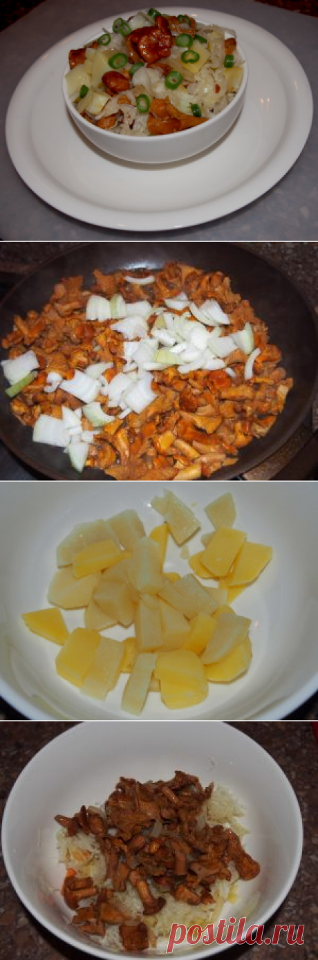 Картофельный салат с лисичками и маринованной капустой
Сочетание вареной картошки, маринованной капусты и жареных грибов бесподобно в любом случае, а если эти грибы - лисички, вкуснее становится вдвойне.