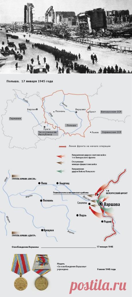 В январе 1945 года советские войска, форсировав Вислу, подошли к Варшаве с северо-запада. 17 января немецкие войска вопреки приказу Гитлера начали отступать. Первой в Варшаву вошла 1-я армия Войска Польского 1-го Белорусского фронта. К полудню 17 января 1945 советским войскам удалось полностью очистить город от группировок противника. | ТАСС: Общество - Освобождение Варшавы