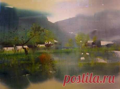 Художник Чжао Чжицян / Zhao Zhiqiang (Китай, 1959) Се Вань Смотрю на пик крутой скалы,
Передо мной высокий бор. Зеленый плющ одел хребты,
Бамбук скрывает гребни гор. В долине слышен плеск ручья,
Бьет монастырский барабан. Из темных недр курится дым...