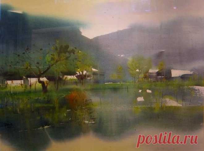 Художник Чжао Чжицян / Zhao Zhiqiang (Китай, 1959) Се Вань Смотрю на пик крутой скалы, 
Передо мной высокий бор. Зеленый плющ одел хребты, 
Бамбук скрывает гребни гор. В долине слышен плеск ручья,
 Бьет монастырский барабан. Из темных недр курится дым...