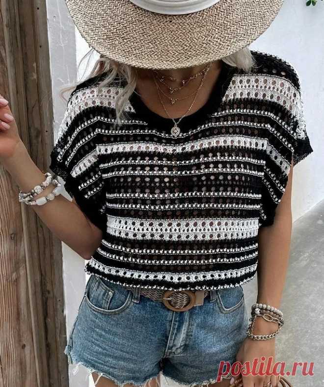 Ажурный полосатый топ спицами. Схема узора. / knittingideas.ru