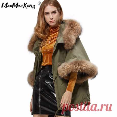 Mao Kong зима енот большой меховой воротник с капюшоном пальто мантия Армейский зеленый Для женщин Повседневное Flare рукавом Верхняя одежда с хлопковой подкладкой купить на AliExpress