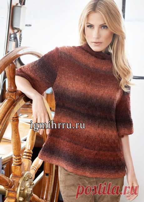 Теплый разноцветный пуловер из шахматного узора с косами. Вязание спицами