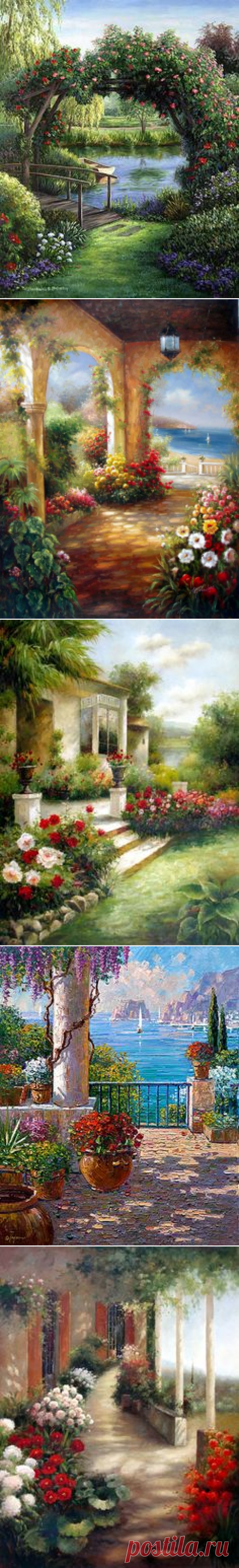 (116) Garden Terrace by the Sea - Original Oil Painting Artist: Unknown Size: 48 High x 36 Wide Canvas Hand-painted, original oil painting on unstretch…