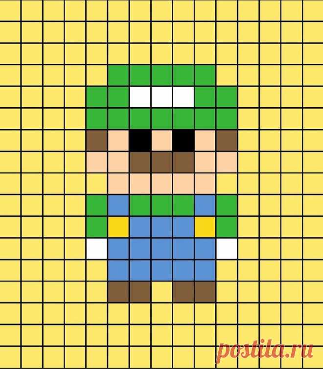 A small pixel art template of Luigi from the Nintendo Mario franchise. Pixel Art De Mario, Dibujos Cuadriculados, Tipos De Corazones, Plantilla Para Caja De Regalo, Cuadriculas, Imagenes Cuadriculadas, Tutoriales De Dibujo Para Principiantes, Pixelados, Skins Para Minecraft