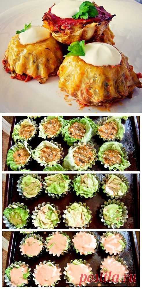Голубцы с курицей и грибами в формах для маффинов