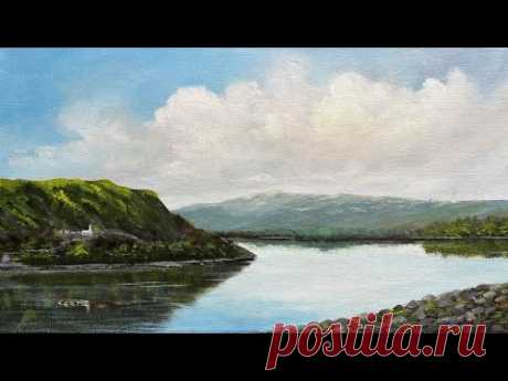Как рисовать большие облака. Заглянем в церковь. Акрил. How to paint big clouds &amp; small village.