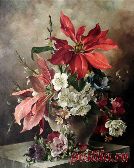 Harold Clayton (1896-1976) - Still life with Poinsettia, Anemone and Christmas roses.