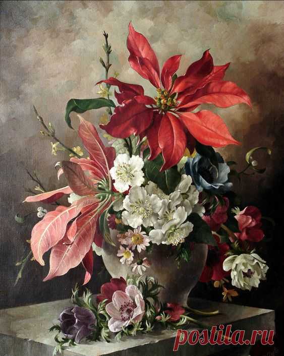 Harold Clayton (1896-1976) - Still life with Poinsettia, Anemone and Christmas roses.