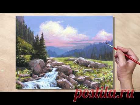 Acrylic Painting Rocky Stream Landscape