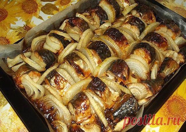 Скумбрия запеченная в духовке 
Попробовав один раз, теперь постоянно эту рыбку делаю именно так! 

Вам понадобится: 

1. Скумбрия свежемороженная - 1 кг. (три рыбки) 
2. Лук - чем больше, тем лучше! (у меня уходит пять хороших луковиц) 
3. Майонез 
4. Кетчуп (использую кетчуп 