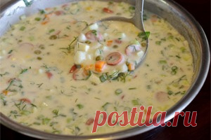 Окрошка на кефире с сосисками . Рецепт приготовления