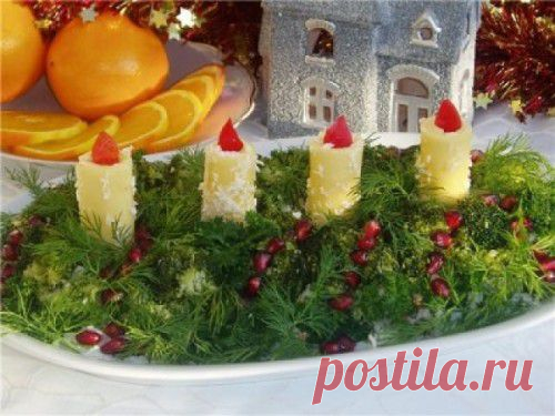 Съедобные новогодние свечи: салаты и закуски для новогоднего стола.