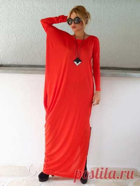 Red Maxi Long Sleeve Dress / Red Kaftan / Asymmetric Plus Size