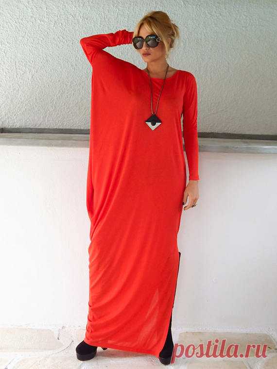 Red Maxi Long Sleeve Dress / Red Kaftan / Asymmetric Plus Size