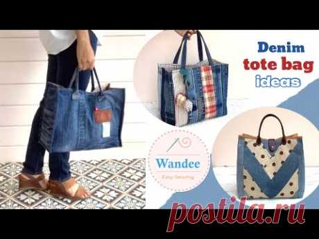 3 ideas denim easy patchwork open wide tote bag out of old jeans , tote bag tutorial