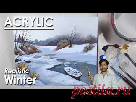 Realistic Winter Landscape Painting in Acrylic | Winter Lake Painting | step by step