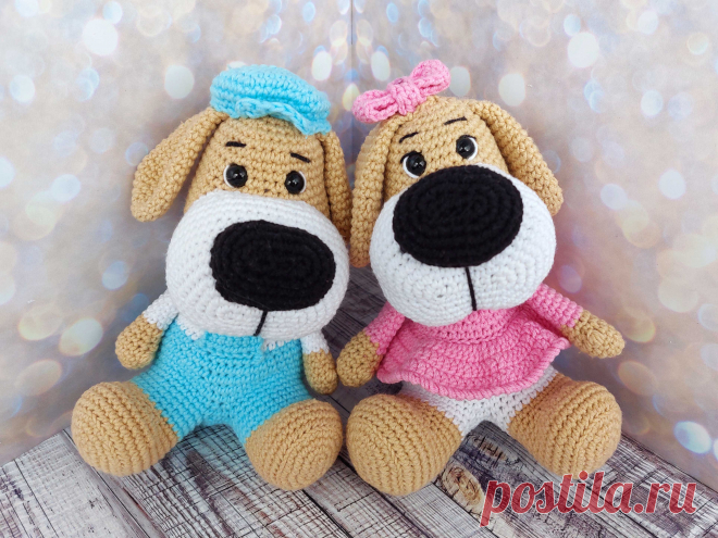 PDF Собачки Дружок и Подружка крючком. FREE crochet pattern; Аmigurumi animal patterns. Амигуруми схемы и описания на русском. Вязаные игрушки и поделки своими руками #amimore - собака, пёс, собачка, щенок, пёсик.