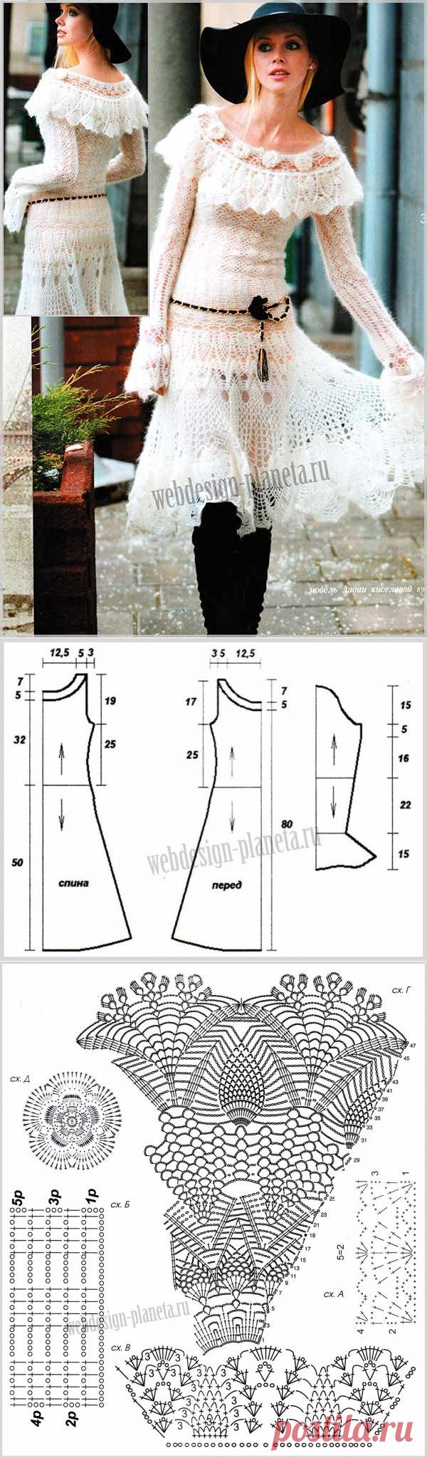 Белое ажурное платье крючком с воланами | Вязание спицами, вязание крючком | Мир увлечений современной женщины.