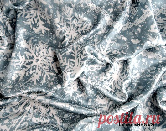 Купить Батик платок Зимняя сказка - голубой, рисунок, бело-голубой, снежинки, снежный