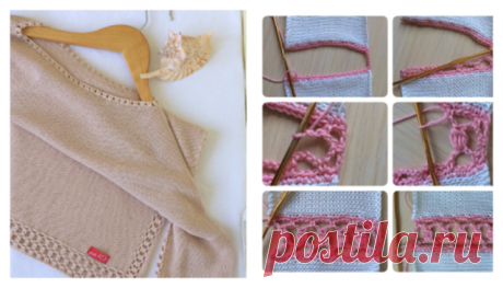 Она взяла свой старый свитер и сделала несколько разрезов. Результат — дизайнеры в шоке! Мне кажется очень интересно смотрится! Кроме того, прекрасный способ обновить или расширить вещь, если стала узковата. (С.З.) Ажурной дорожкой можно не только обработать края, но и использовать для соединение деталей, мотивов. а) Обвязать край полотна