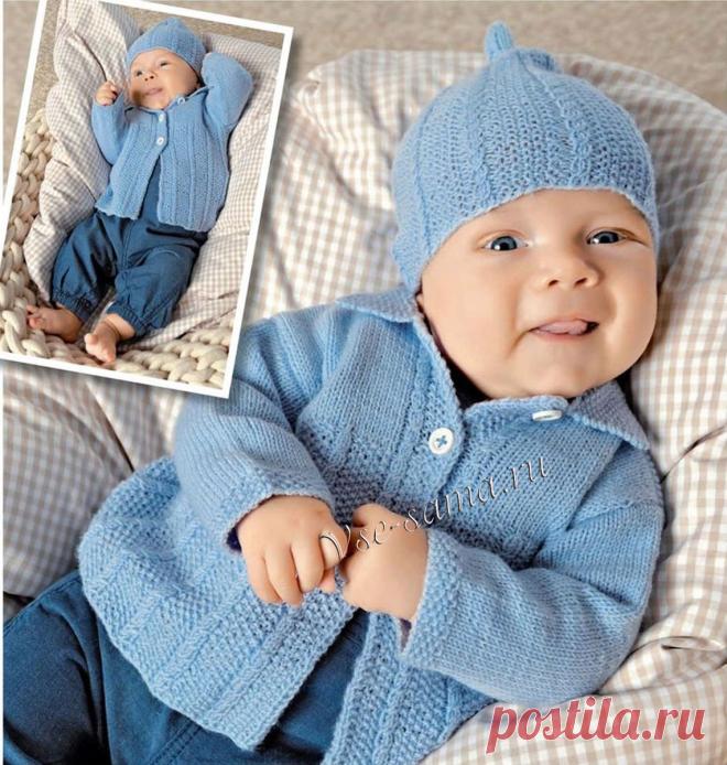Голубое пальто, штанишки и шапочка - Пальто, курточки, пончо для малышей спицами