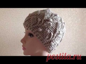 шапочка с листьями 2 вязанная рельефными столбиками, часть 1