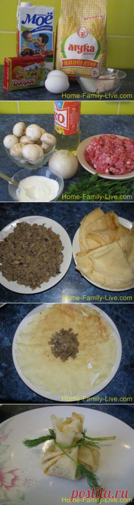 Блины фаршированные мясом и грибами - рецепт с фото