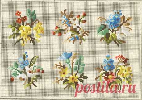 four different types of cross stitch flowers on a white background, each with various colors and sizes