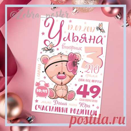 Метрика для девочки
Для заказа пришли в директ, либо в сообщения группы вк (ссылка в описании) данные о ребенке:
1) Имя ребенка (именно так как оно и будет написано, если нужно указать в метрике, то фамилию, отчество);
2) Дата рождения;
3) День недели;
4) Время рождения; 
5) Рост и вес при рождении; 
6) Город рождения;
7) Имена родителей;
8) e-mail
Готовую работу отправляю в электронном виде. По умолчанию размер А3, jpeg.