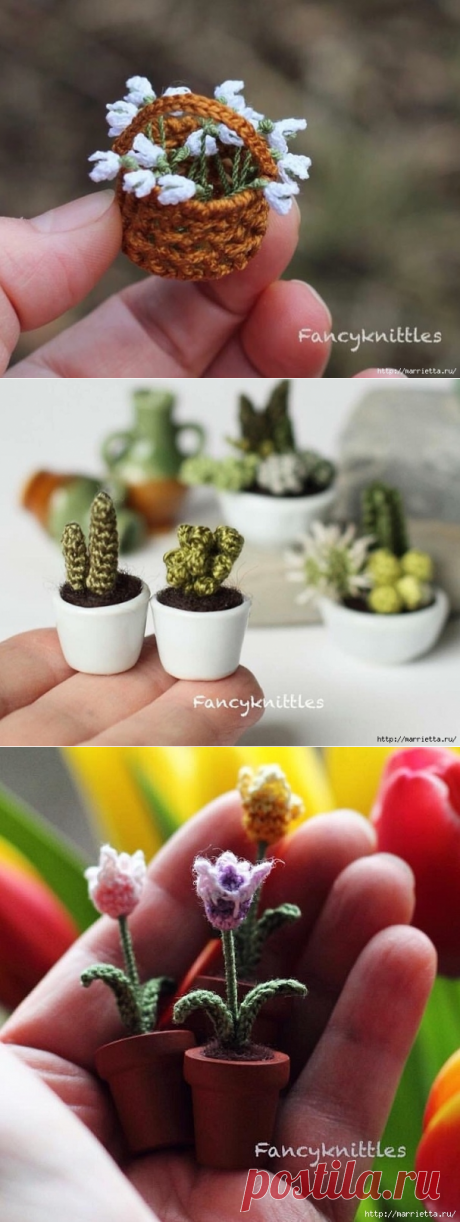 Миниатюрные цветочки крючком в технике амигуруми