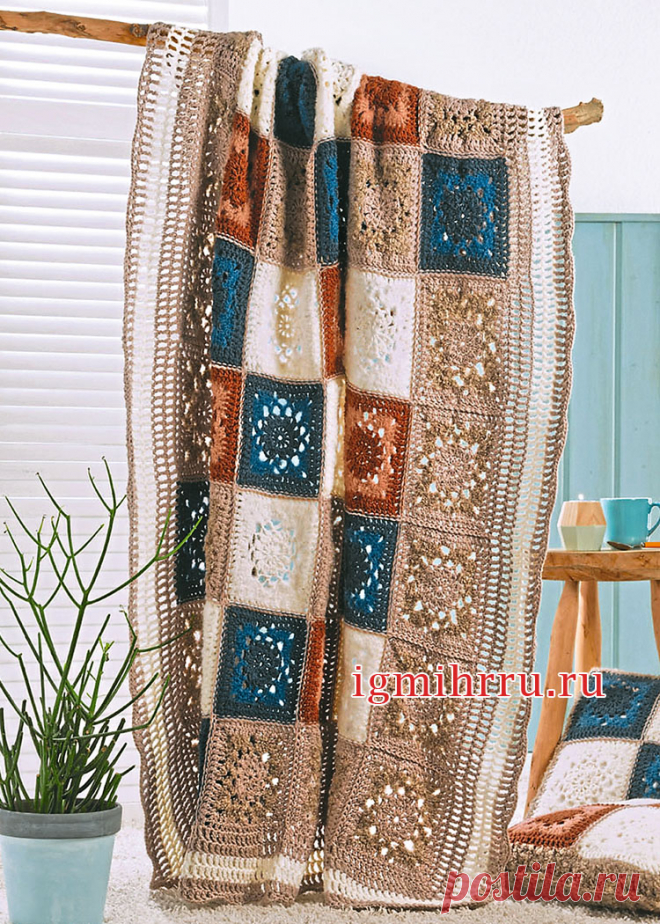 Покрывало из разноцветных квадратных мотивов. Вязание крючком