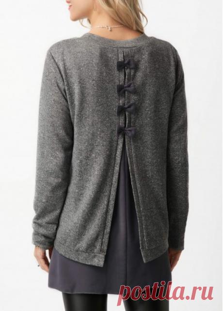 Long Sleeve Bowknot Back Patchwork Blouse | liligal.com - USD $31.42