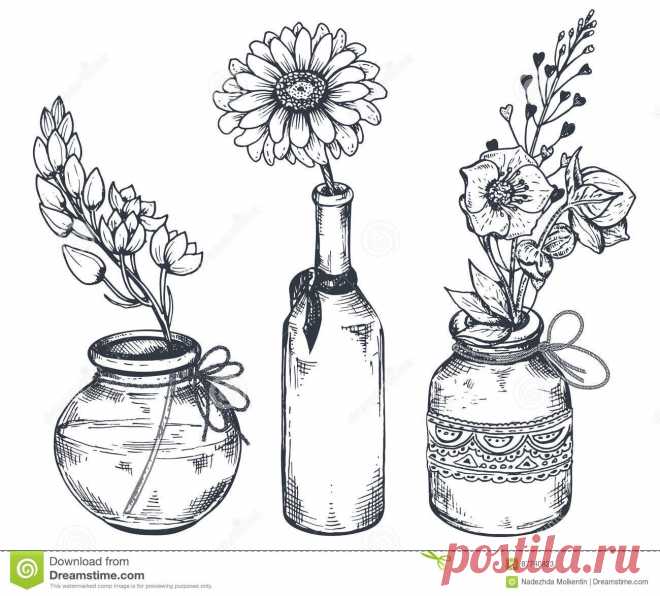 Bouquets With Hand Drawn Flowers And Plants In Vases Jars. Stock Vector 10F