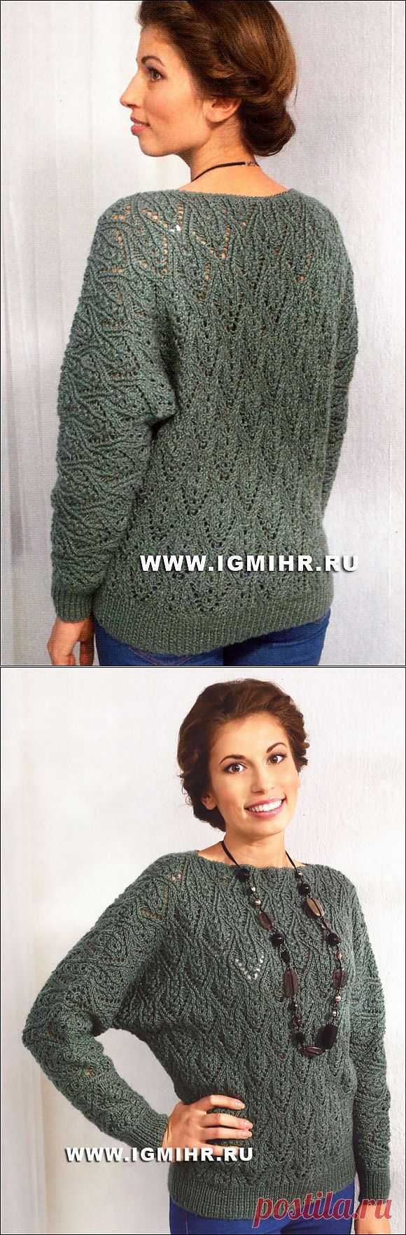 Зеленый пуловер с ажурными узорами. Спицы