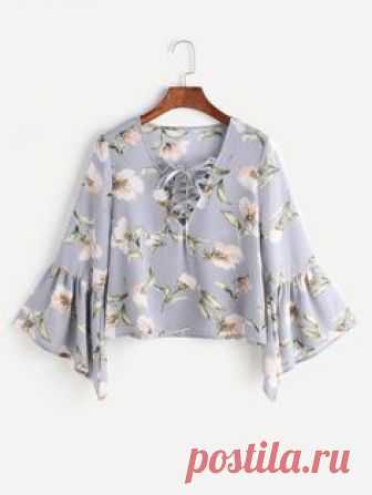 Blue Florals V Neck Bell Sleeve Lace Up Blouse