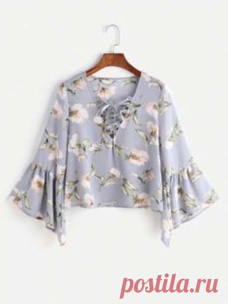 Blue Florals V Neck Bell Sleeve Lace Up Blouse
