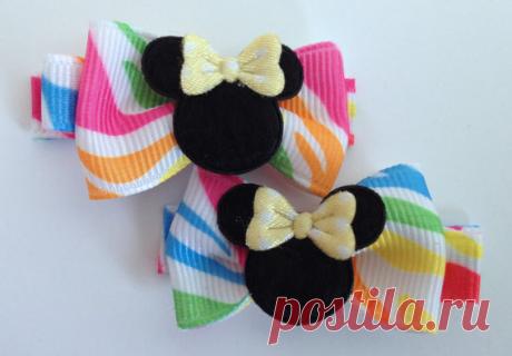 2 Boutique Girl Hair Clips Minnie Mouse Bows Bright Zebra Stripe Neon Pink Spring Bowtique