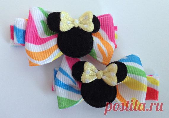 2 Boutique Girl Hair Clips Minnie Mouse Bows Bright Zebra Stripe Neon Pink Spring Bowtique