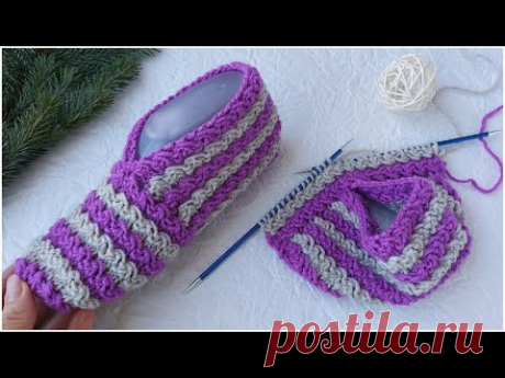 ДОМАШНИЕ СЛЕДКИ - ТАПОЧКИ НА 2Х СПИЦАХ. ПОДРОБНЫЙ МАСТЕР КЛАСС.