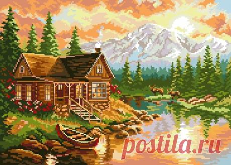 Вышивка Вечер в горах. Схема горного пейзажа  |