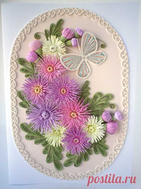 Quilling Greeting card, in pastel colors, for any occasion, birthday, ornate with flowers and butterfly