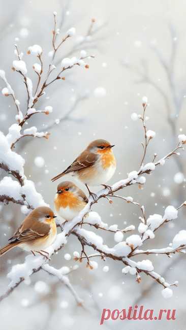 two birds sitting on top of a tree branch covered in snow