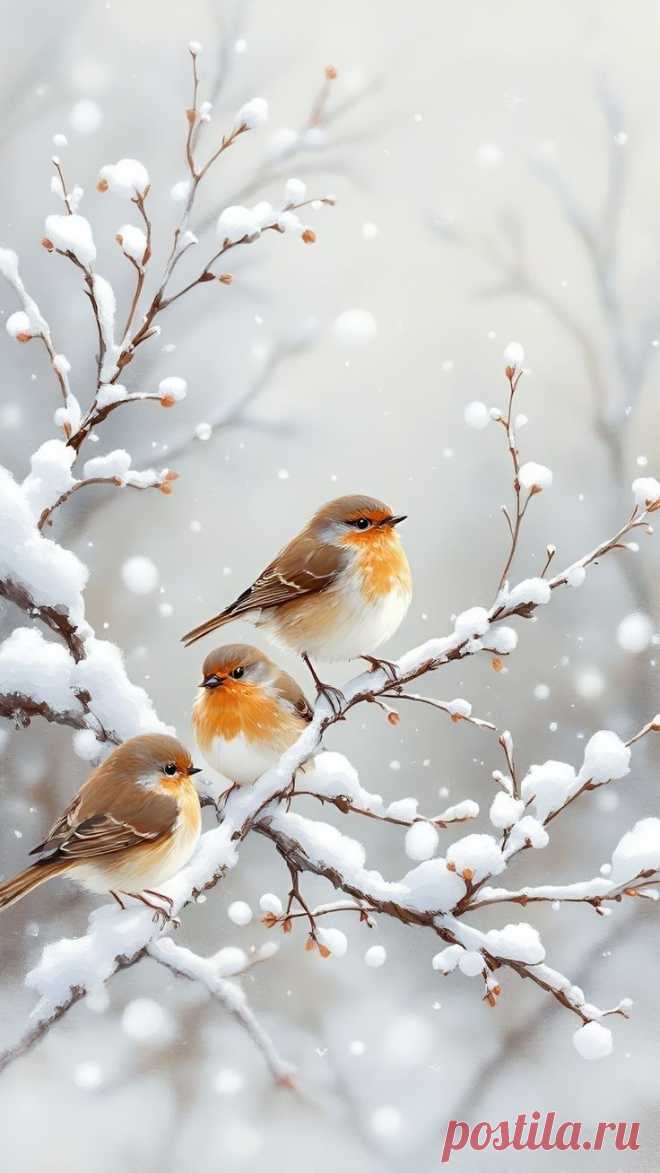 two birds sitting on top of a tree branch covered in snow