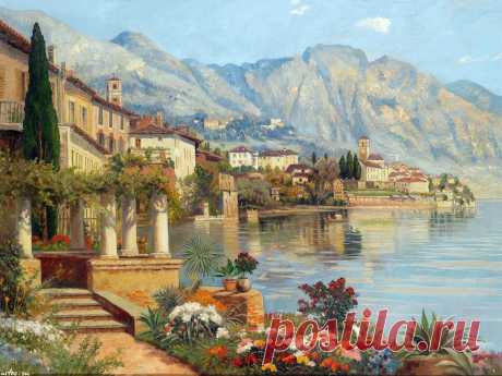 Скачать обои Пейзаж Alois Arnegger, небольшой городок на озере Гарда на рабочий стол 1600x1200