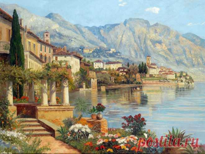 Скачать обои Пейзаж Alois Arnegger, небольшой городок на озере Гарда на рабочий стол 1600x1200