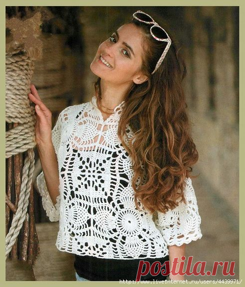 Белый ажурный пуловер (крючок).