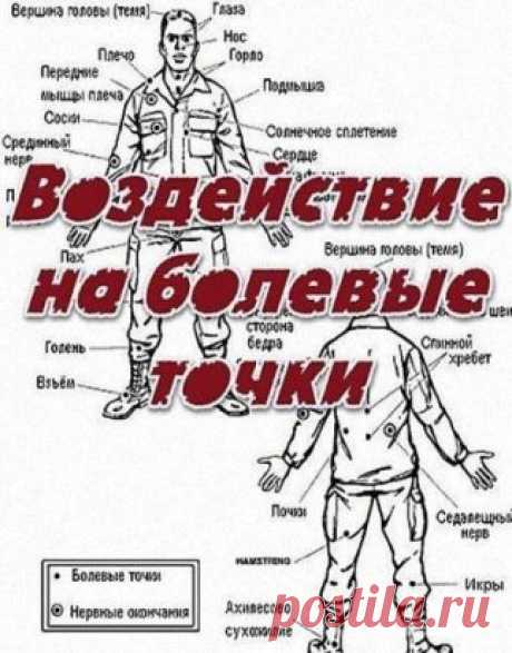 Болевые точки или нервные узлы Человека ...
1.Темя — самый незащищенный участок в верхней части головы . Сильный и резкий удар может причинить смерть . 
2. Зрительный нерв — находится в верхней части носа между глазами . Удар пальцем или щепотью пальцев в эту точку может быть смертельным . 
3. Глаза — при хлестком ударе по глазам противник навсегда или на некоторое время теряет зрение . Сильное болевое ощущение. Большой палец руки вдавливается полностью и может достать мозг . 
4. Точка за