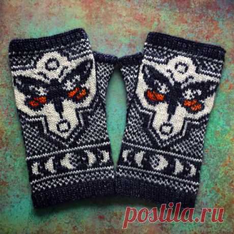 Underwing Mitts pattern by Erica Heusser 
These fingerless mitts feature a pair of underwing moths (known for the striking color on their hind wings that is often hidden from view) accompanied by a moon phase motif reflecting their nocturnal nature. A wide figurative panel on the back of each mitt wraps around to meet a narrower panel along the palm side of the mitt. This pattern is recommended for knitters who have experience with stranded colorwork, reading from charts, ...